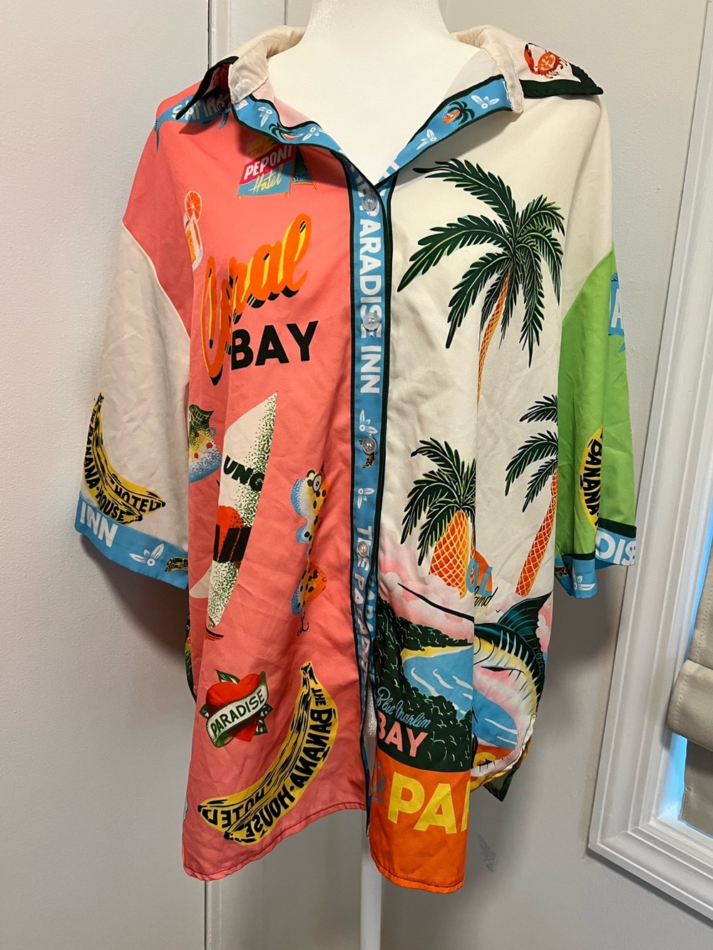 Alemais Inspired Paradise Inn Tropical Oversized Button Down Beach Cover Up Shir